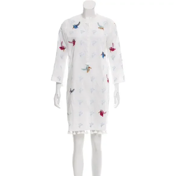 Figue Tassel-Trimmed Bird Embroidered Dress Cover-Up - M - White Multi